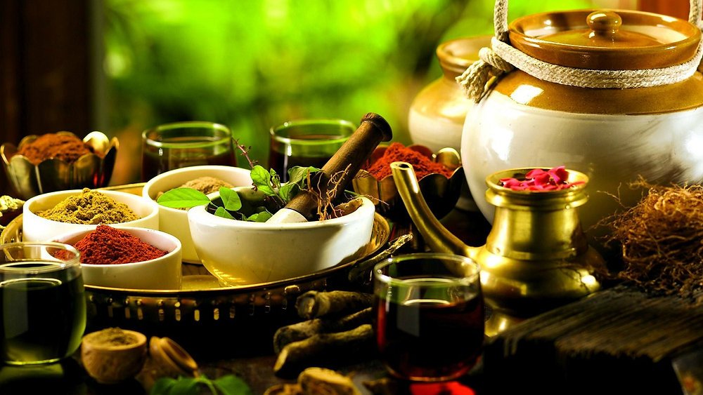 Conceptual image showing balance of mind, body, and soul with Ayurveda symbols
