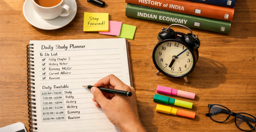 Government exam aspirant following a daily study timetable for consistent preparation.