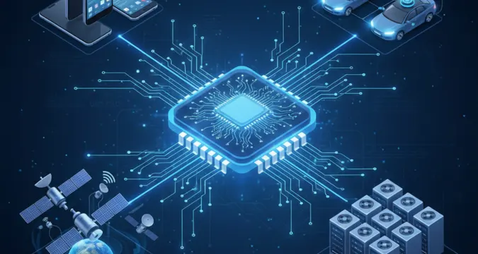 A conceptual visual showing smartphones, electric vehicles, satellites, and data centers connected through a central microchip