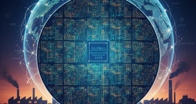A high-resolution illustration of a silicon wafer with intricate circuit patterns, set against a backdrop of global supply chain maps and factory silhouettes