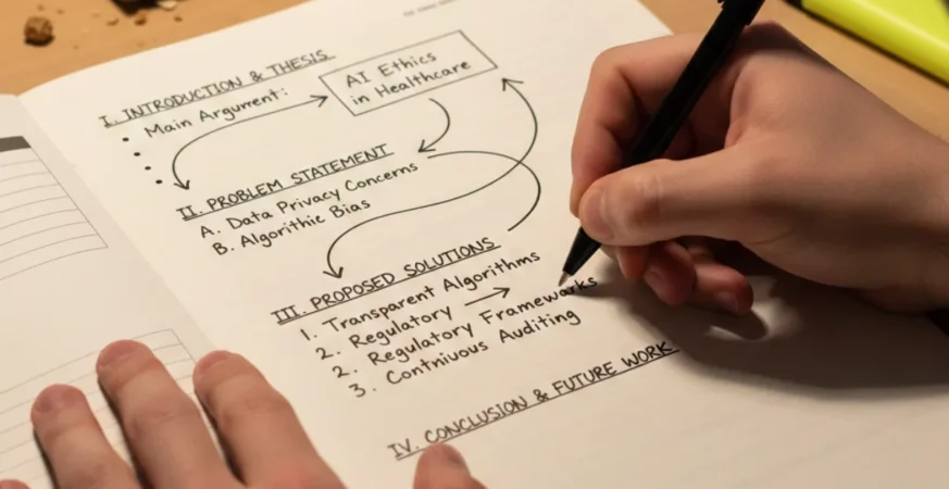 A student writing an exam answer sheet where ideas are arranged into clear sections with headings and arrows showing logical flow
