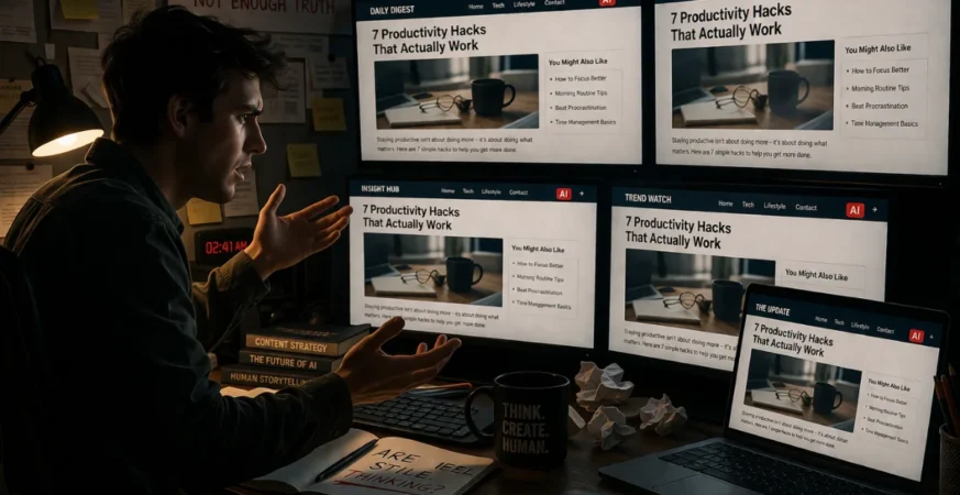 AI Content Problem showing repetitive AI-generated articles across multiple screens