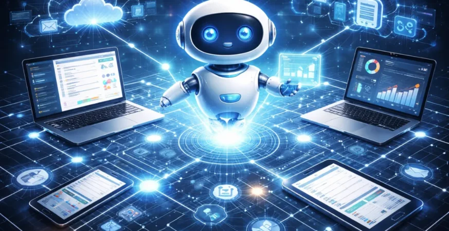 AI agent connected to multiple digital systems performing tasks