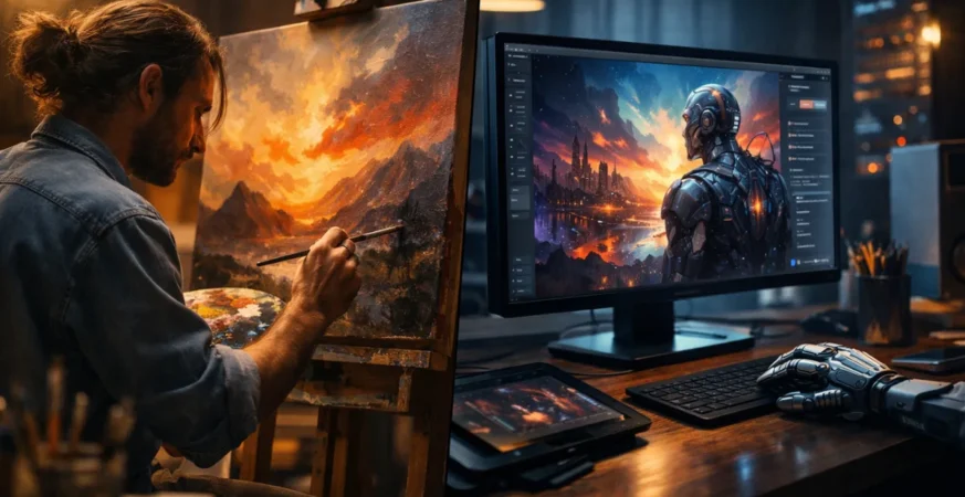 AI vs Human Creativity comparison showing human artist and AI-generated art
