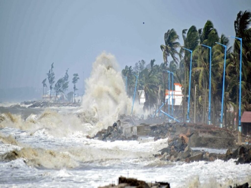 Climate change temperature rise chart showing warmer ocean waters contributing to stronger cyclones in India.