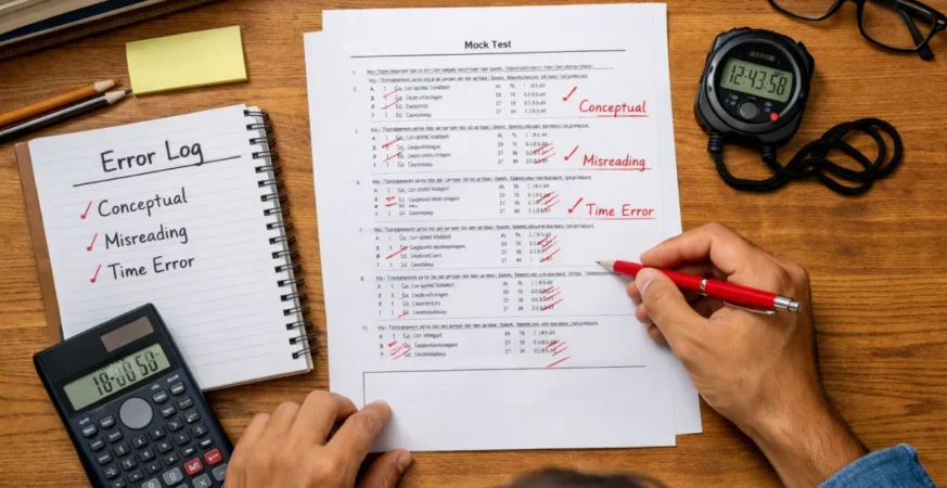 Aspirant performing self evaluation government exams mock analysis with categorized error log and marked answer sheet