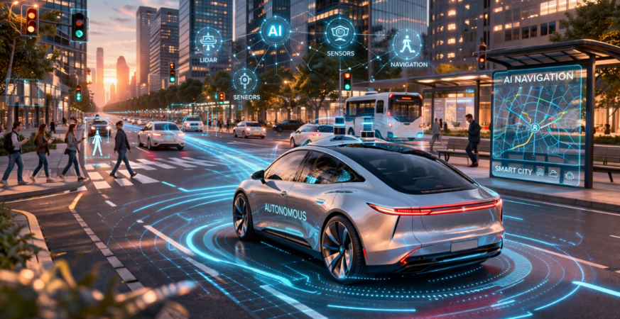 Urban highway with mix of human-driven and autonomous vehicles, digital sensors and data streams visualized, high-detail editorial style”