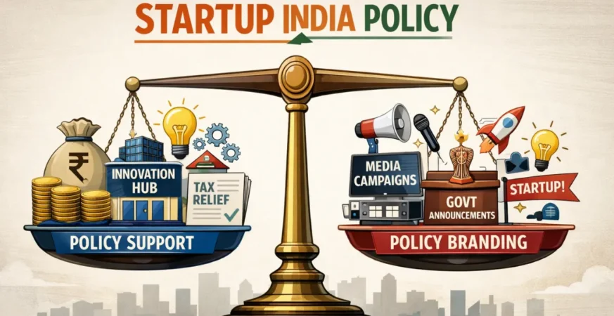 Balance scale comparing policy support and policy branding under Startup India Policy