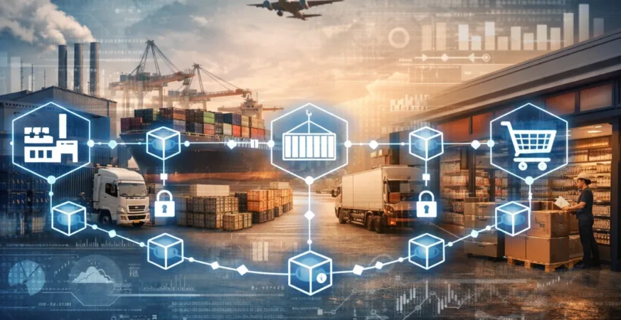 Blockchain network visualization with connected data blocks