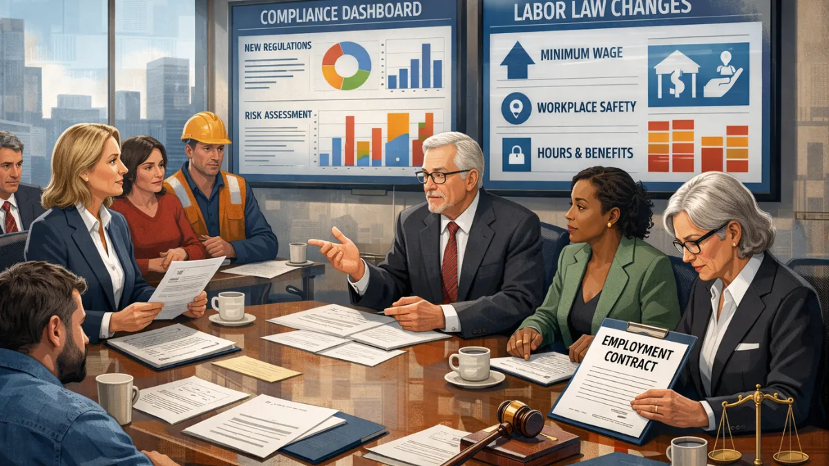 Business leaders and labour representatives discussing employment law reform (1)