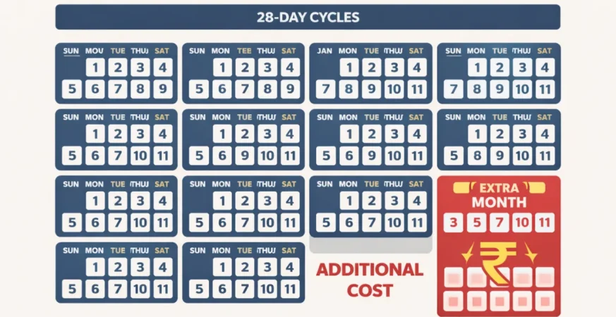 Calendar showing extra recharge due to 28-day cycle in mobile plans