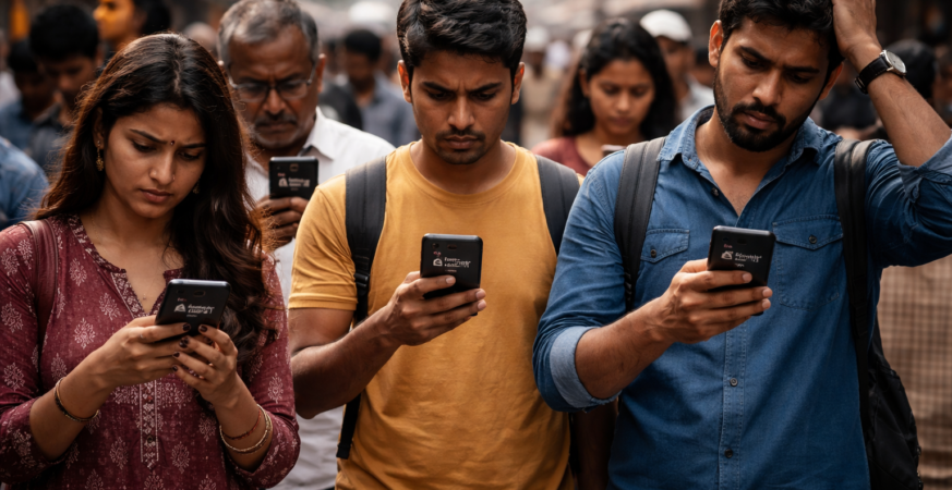 people in India checking smartphones showing no internet signal during network shutdown