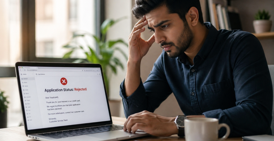 Indian professional reviewing credit card rejection email and financial documents