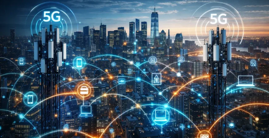 City with 5G towers and digital connectivity visualization