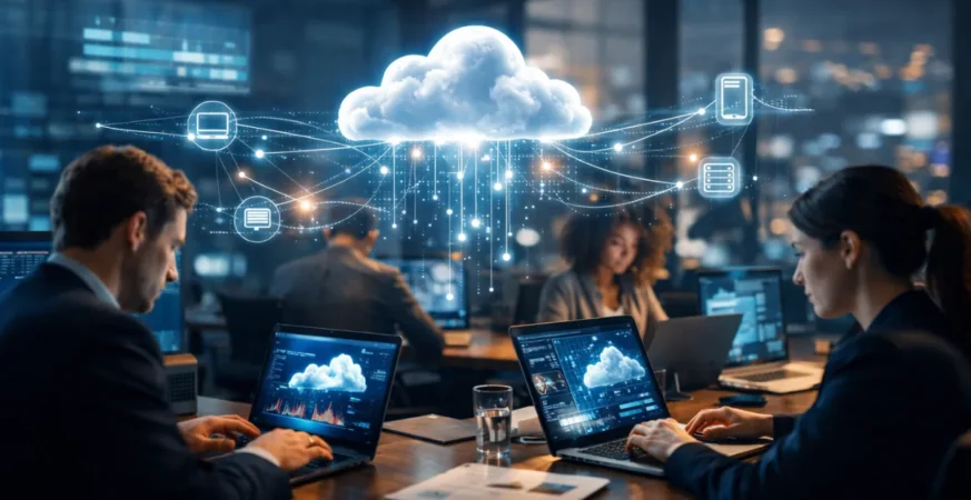 Cloud computing concept showing devices connected to digital cloud network