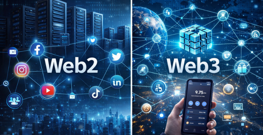 A modern creator working on a laptop with digital assets, NFTs, and blockchain dashboards floating around, symbolizing ownership in Web3 ecosystem, cinematic lighting