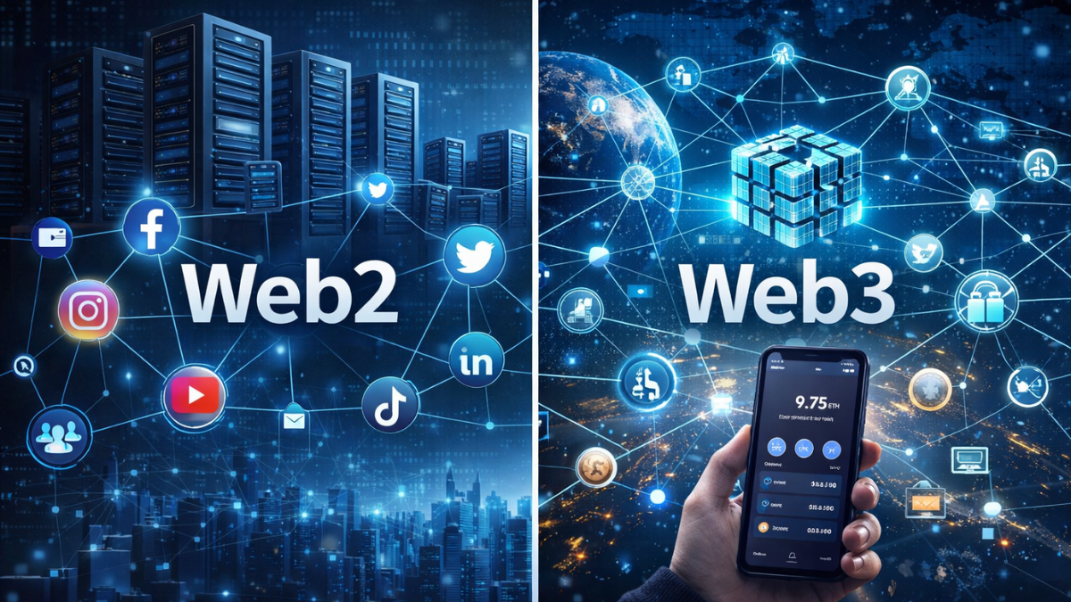 A modern creator working on a laptop with digital assets, NFTs, and blockchain dashboards floating around, symbolizing ownership in Web3 ecosystem, cinematic lighting