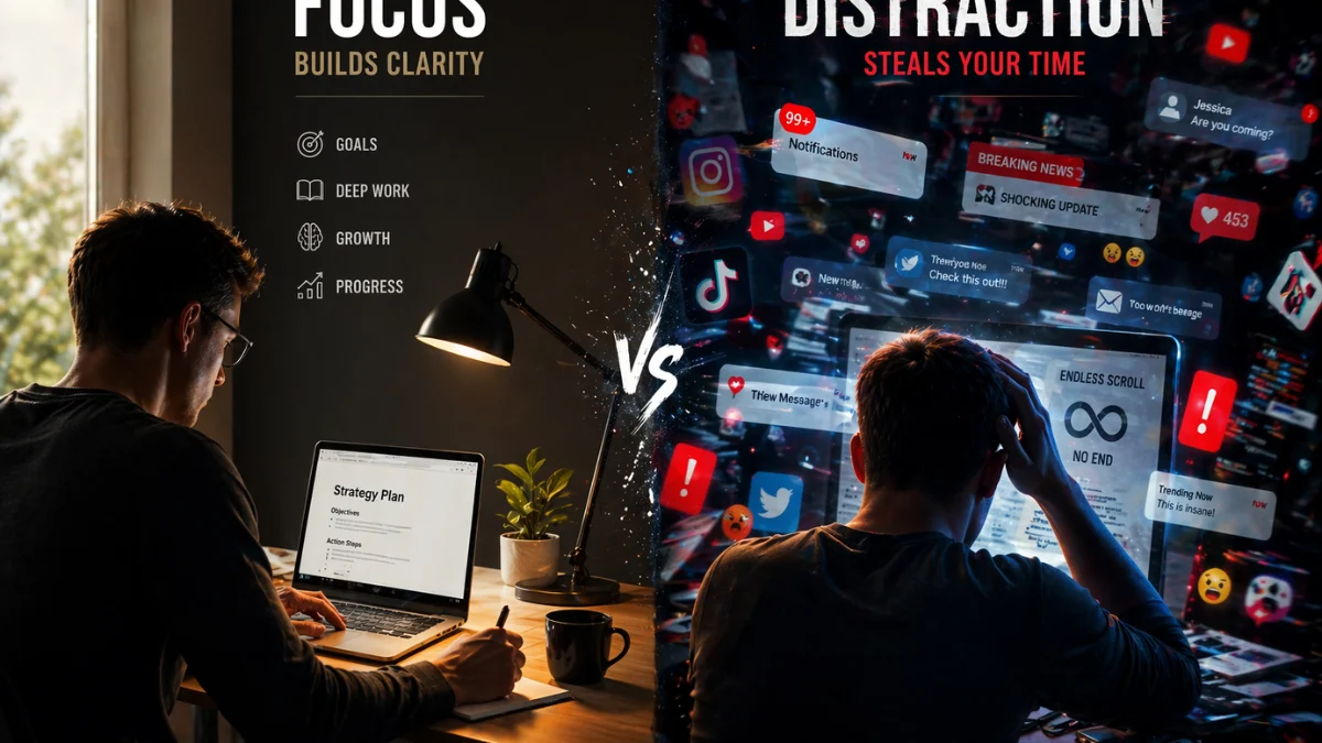 Comparison between focused work and digital distraction in platform attention wars
