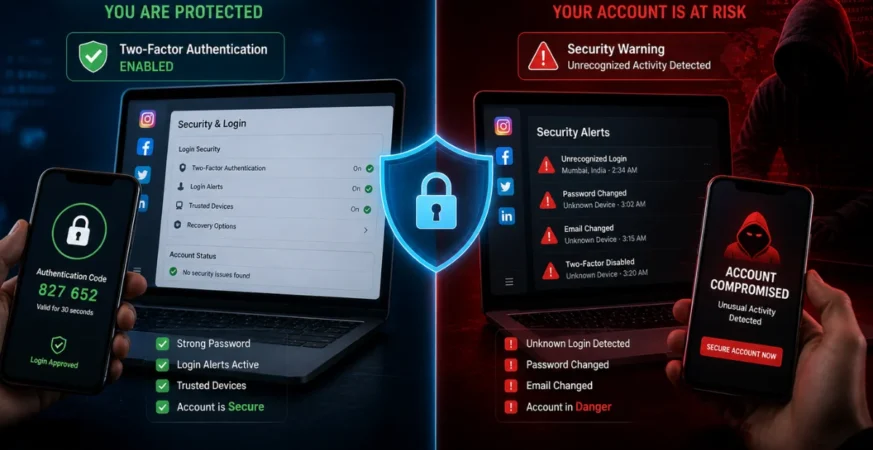Comparison between protected and hacked social media accounts with security warnings