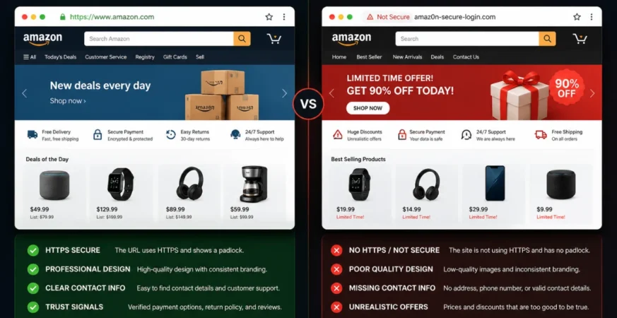 Comparison between safe and fake websites for cybersecurity awareness