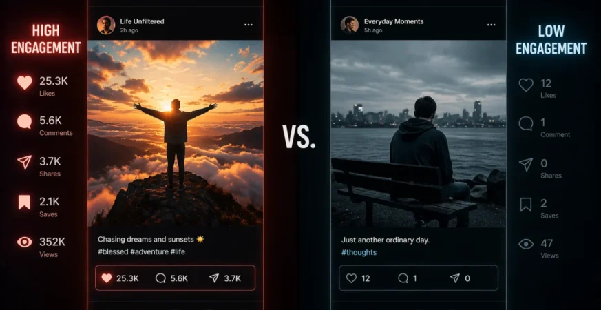 Comparison of high and low social media engagement illustrating Side Character Energy online