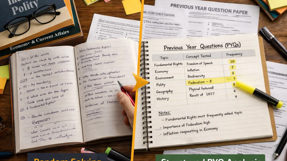 Comparison of random solving vs structured PYQ strategy for exams