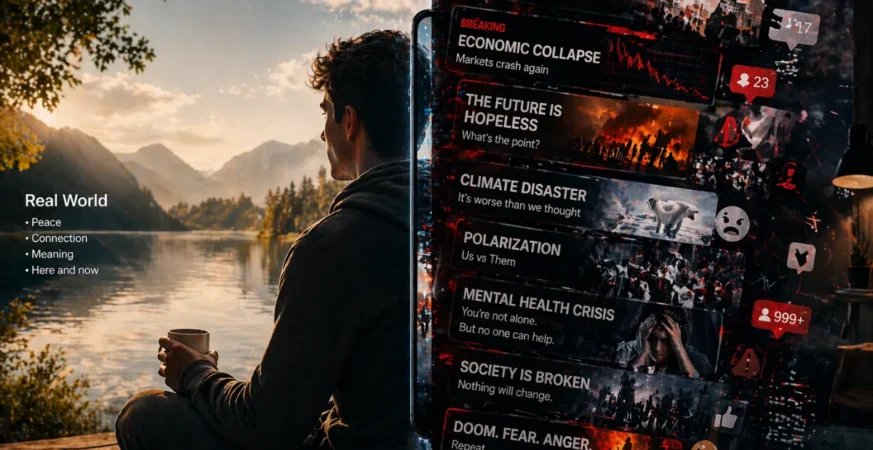 Contrast between real life and Doomposting-driven digital anxiety