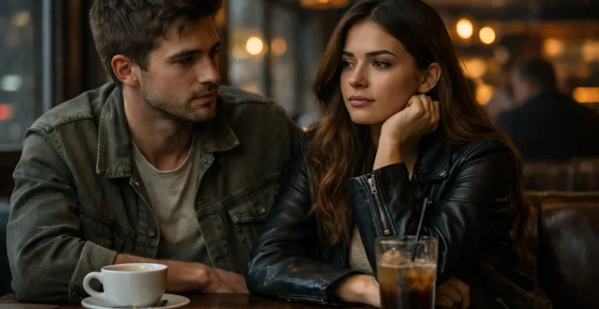 Couple in café showing emotional connection without clear relationship definition