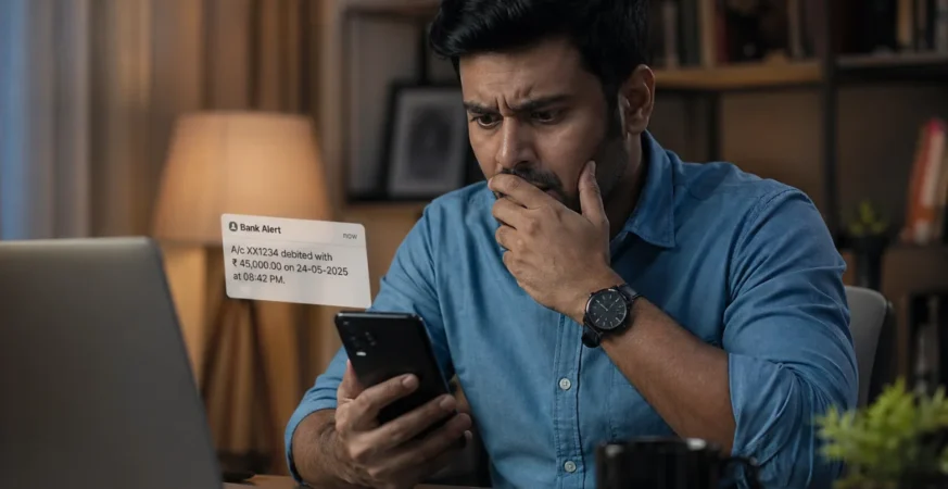 Cybersecurity & Safety alert showing hacked bank account notification on smartphone