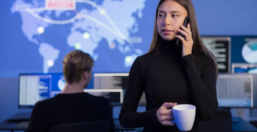 Cybersecurity professionals monitoring real-time digital threats in a modern office