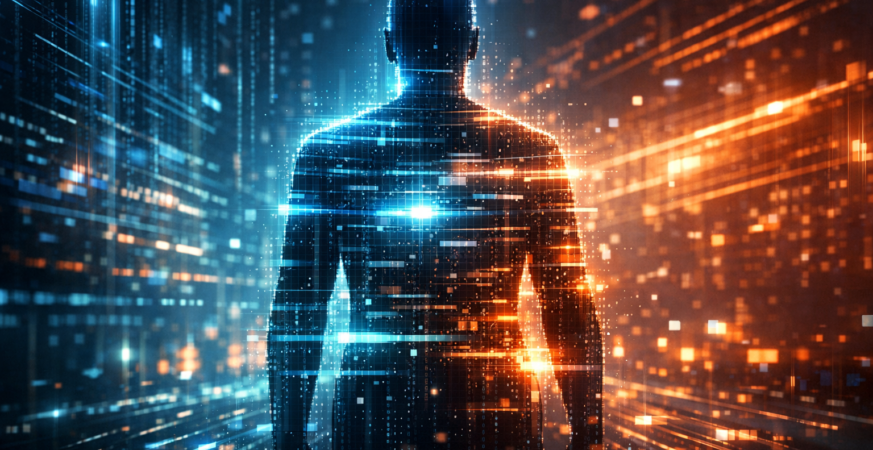 Digital figure in glowing data landscape