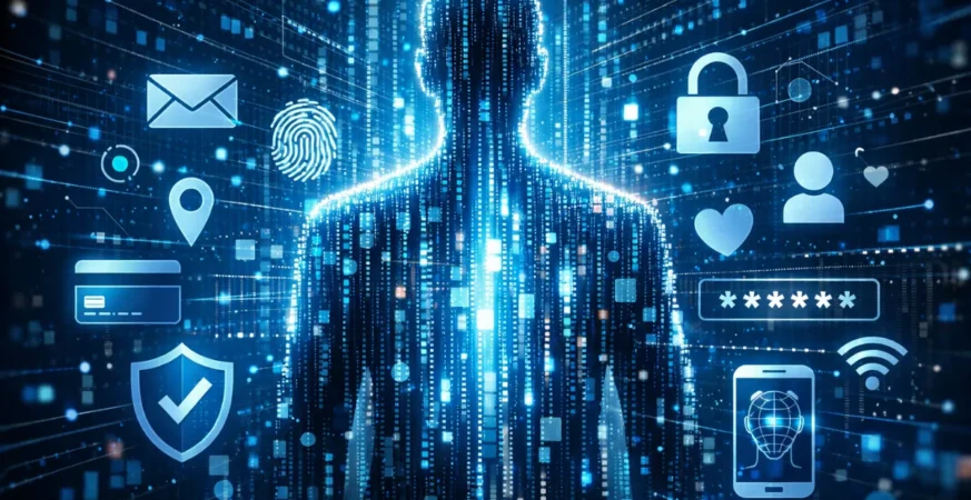 Digital identity concept showing personal data and online profiles connected