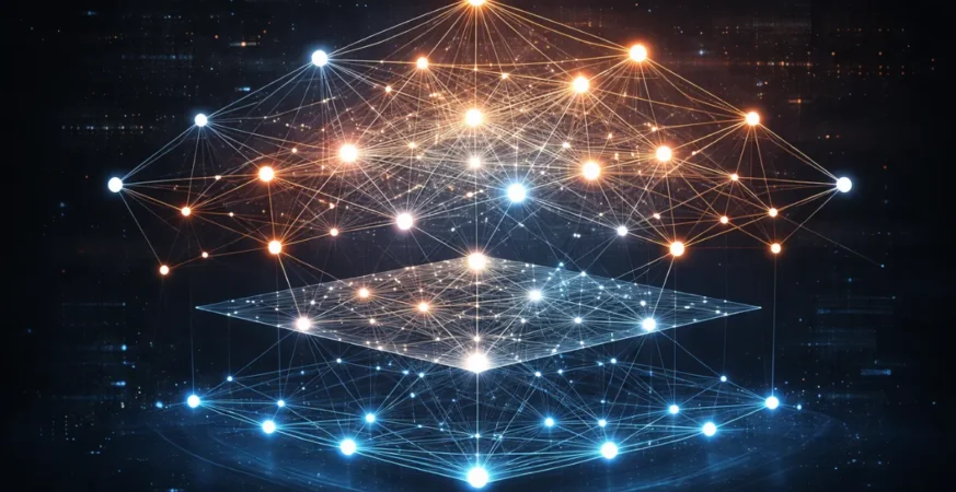 Digital neural network structure with connected nodes visualization