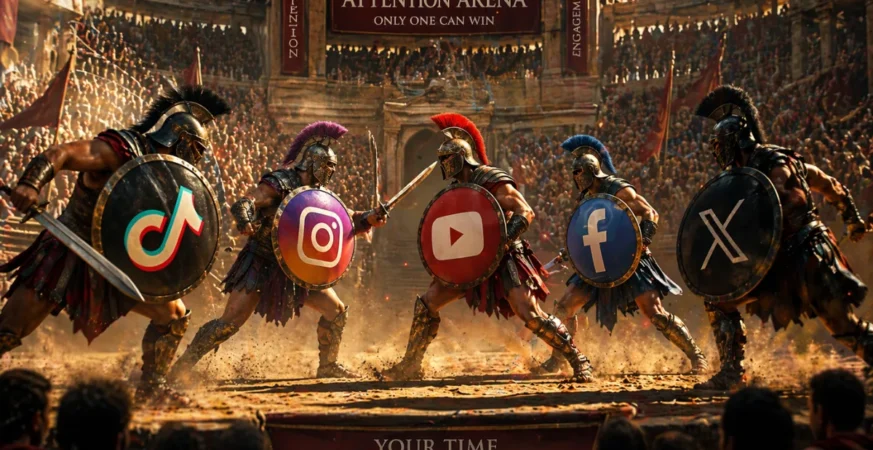 Digital platforms competing for user attention in conceptual illustration