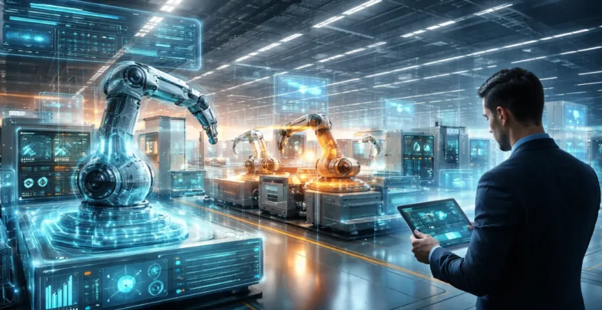 Editorial illustration of industrial machines connected to digital twin data overlays