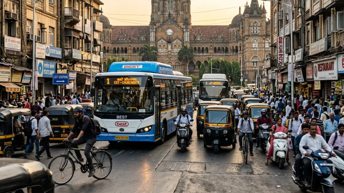 Electric buses and cyclists in Mumbai traffic at rush hour