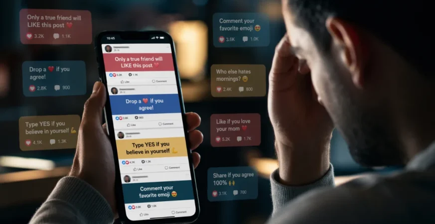 Engagement Farming posts cluttering a social media feed on smartphone