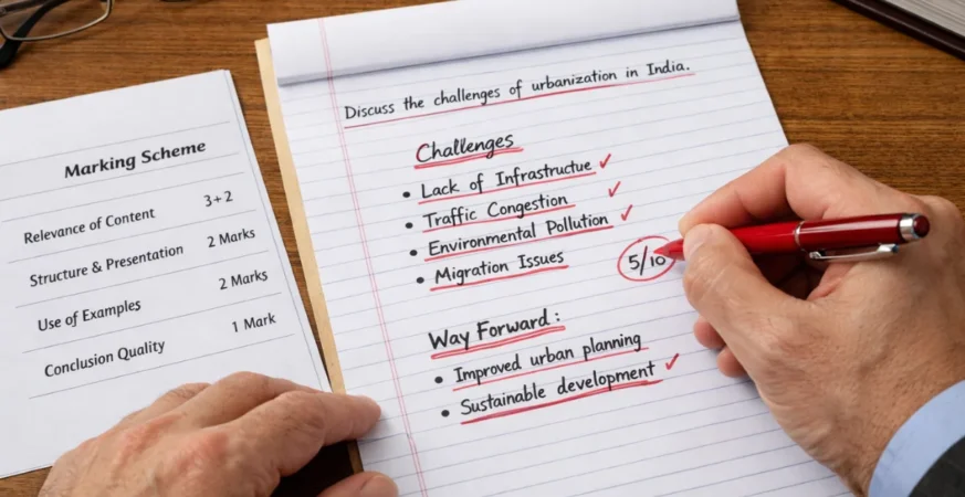Examiner checking government exam answer sheet with red pen during evaluation process.