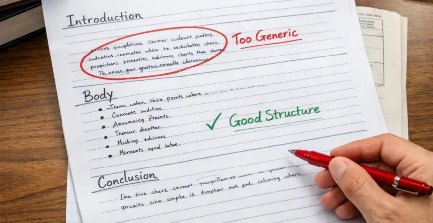 Examiner marking answer sheet highlighting answer writing mistakes in government exams.