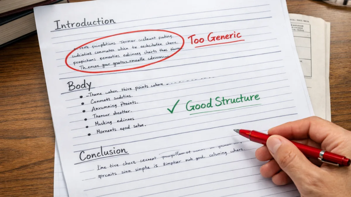 Examiner marking answer sheet highlighting answer writing mistakes in government exams.