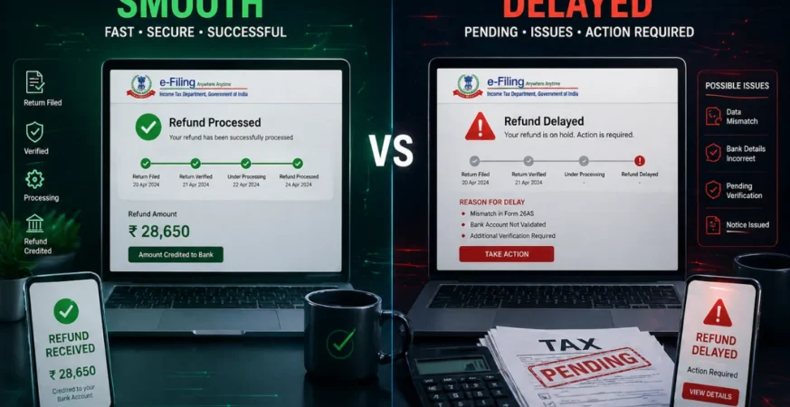Finance & Banking system showing tax refund processing vs delay scenario