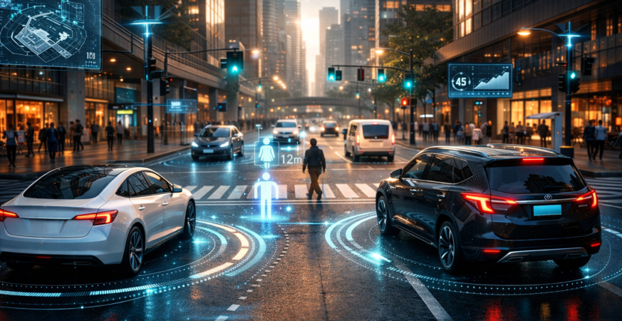 Futuristic street with driverless cars