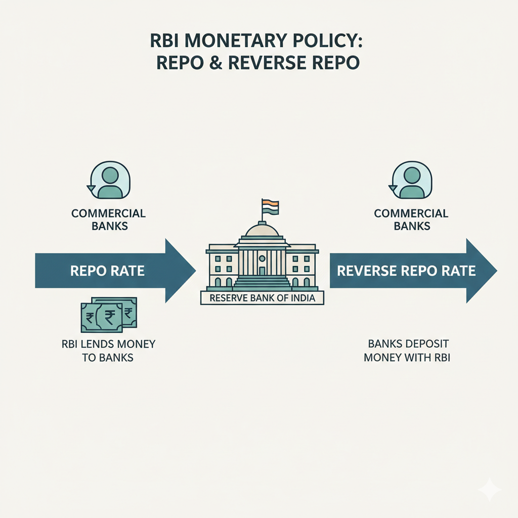 Repo rate and reverse repo rate explained with RBI liquidity flow