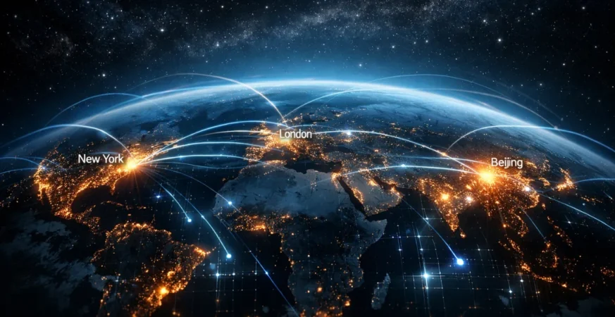 Global AI race visualization connecting major cities through digital intelligence networks