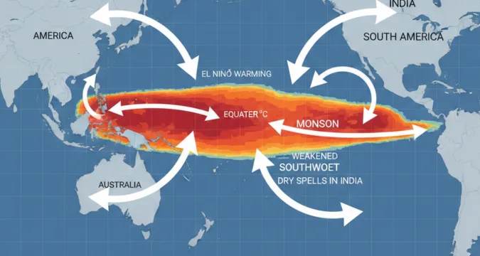 A detailed global climate map showing Pacific Ocean temperature anomalies with arrows indicating atmospheric circulation changes reaching South Asia.