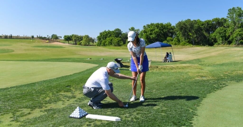 Female golfer showcasing strength, balance, and flexibility on the course