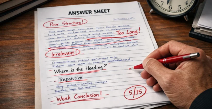 Government exam answer sheet evaluation showing common government exam mistakes in structure and presentation