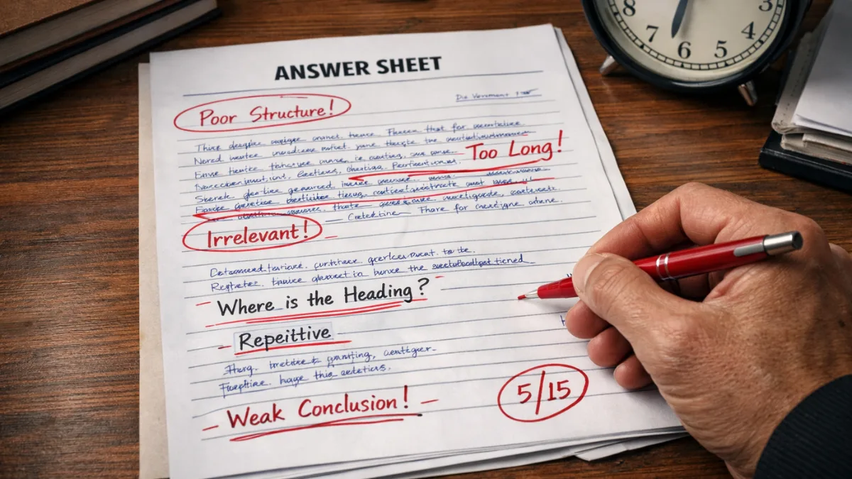 Government exam answer sheet evaluation showing common government exam mistakes in structure and presentation