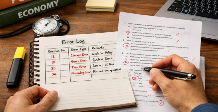 Government exam aspirant analyzing mock test paper and categorizing mistakes for performance improvement.