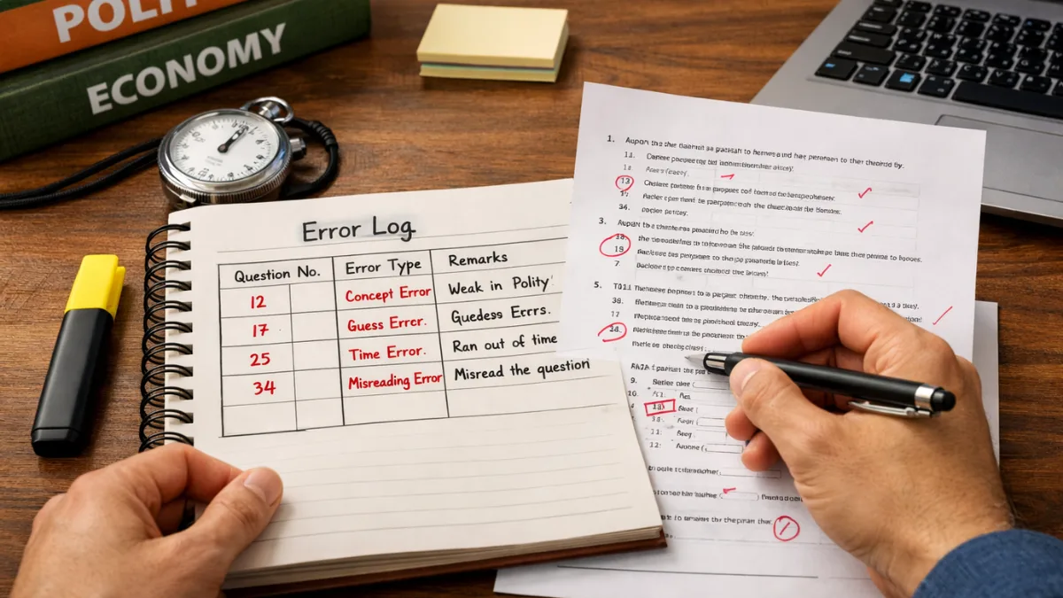 Government exam aspirant analyzing mock test paper and categorizing mistakes for performance improvement.